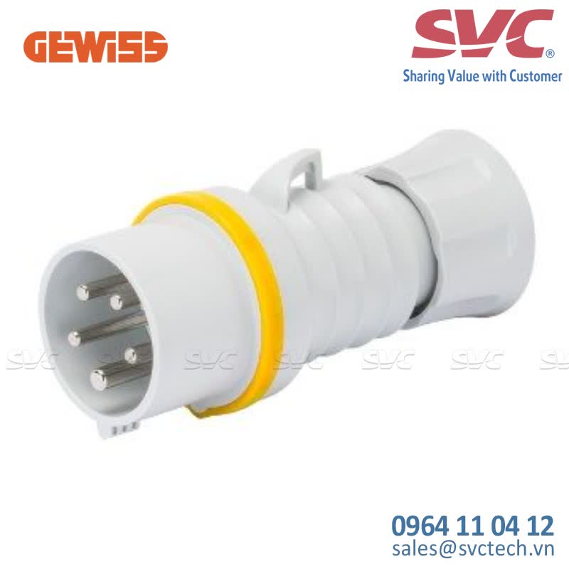 Phích cắm công nghiệp dạng thẳng GEWISS GW60002FH - STRAIGHT PLUG HP - IP44/IP54 - 3P+E 16A 100-130V 50/60HZ - YELLOW - 4H - FAST WIRING