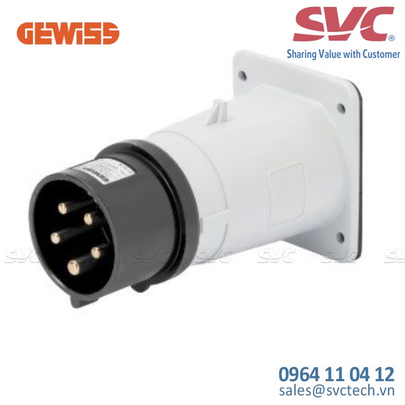 Phích cắm công nghiệp cố định dạng thẳng 16A 480-500V GEWISS GW60211 - STRAIGHT FLUSH MOUNTING INLET - IP44 - 3P+N+E 16A 480-500V 50/60HZ - BLACK - 7H - SCREW WIRING