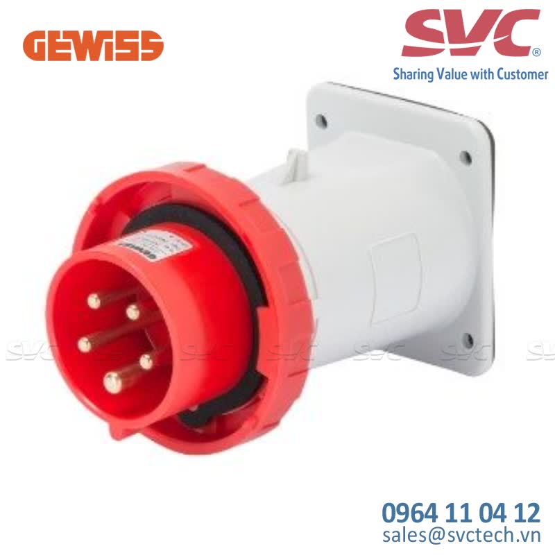 Phích cắm công nghiệp cố định dạng thẳng 16A 380-415V GEWISS GW60231 - STRAIGHT FLUSH MOUNTING INLET - IP67 - 3P+N+E 16A 380-415V 50/60HZ - RED - 6H - SCREW WIRING