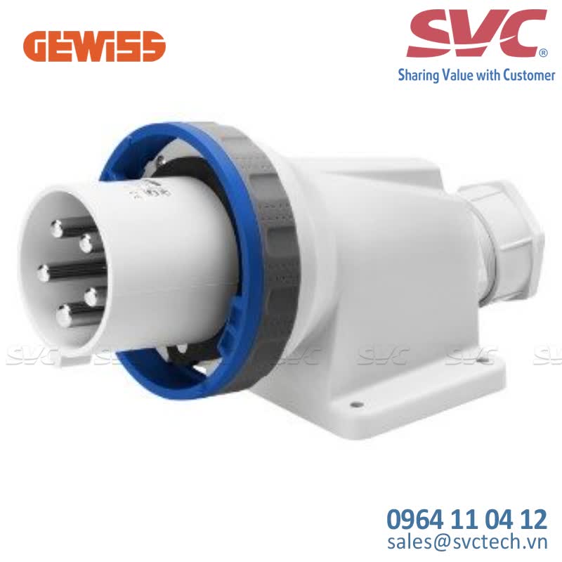 Phích cắm công nghiệp cố định góc 90 độ 200-250V GEWISS GW60458 - 90° ANGLED SURFACE MOUNTING INLET - IP67 - 3P+E 125A 200-250V 50/60HZ - BLUE - 9H - MANTLE TERMINAL