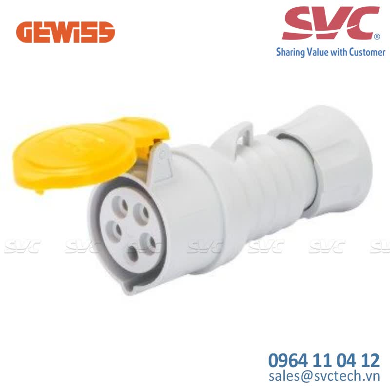 Ổ cắm công nghiệp ổ cắm nối di động 32A 100-130V kín nước GEWISS GW62013FH - STRAIGHT CONNECTOR HP - IP44/IP54 - 3P+E 32A 100-130V 50/60HZ - YELLOW - 4H - FAST WIRING