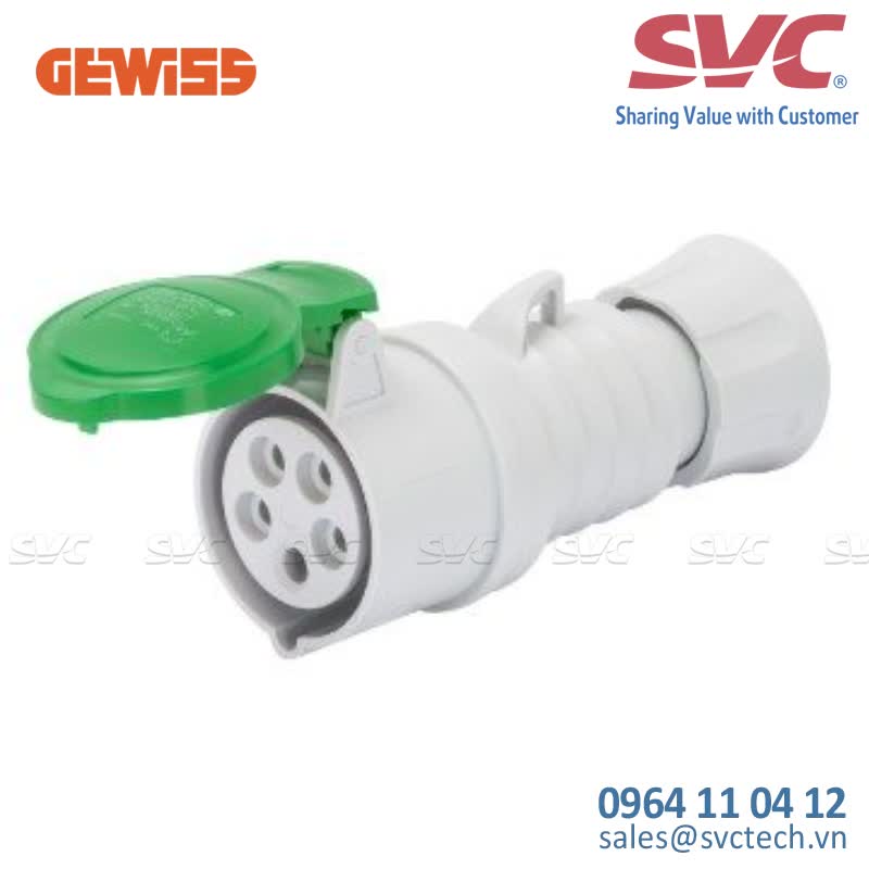Ổ cắm công nghiệp ổ cắm nối di động 16A kín nước GEWISS GW62705H - STRAIGHT CONNECTOR HP - IP44/IP54 - 3P+E 16A >50V 100-300HZ - GREEN - 10H - SCREW WIRING