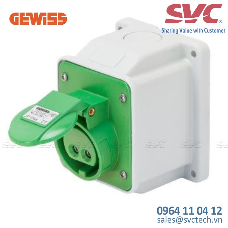 Ổ cắm công nghiệp cố định nghiêng 10 độ 16A 20-25V 40-50V GEWISS GW62463 - 10° ANGLED SURFACE-MOUNTING SOCKET-OUTLET - IP44 - 3P 16A 20-25V and 40-50V 401-500HZ - GREEN - 11H - SCREW WIRING