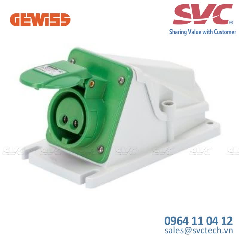 Ổ cắm công nghiệp cố định góc 90 độ 16A 20-25V 40-50V GEWISS GW62543 - 90° ANGLED SURFACE-MOUNTING SOCKET-OUTLET - IP44 - 3P 16A 20-25V and 40-50V 100-200HZ - GREEN - 4H - SCREW WIRING